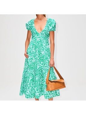 La Ligne Teal-Green Printed Puff-Sleeve Maxi Dress